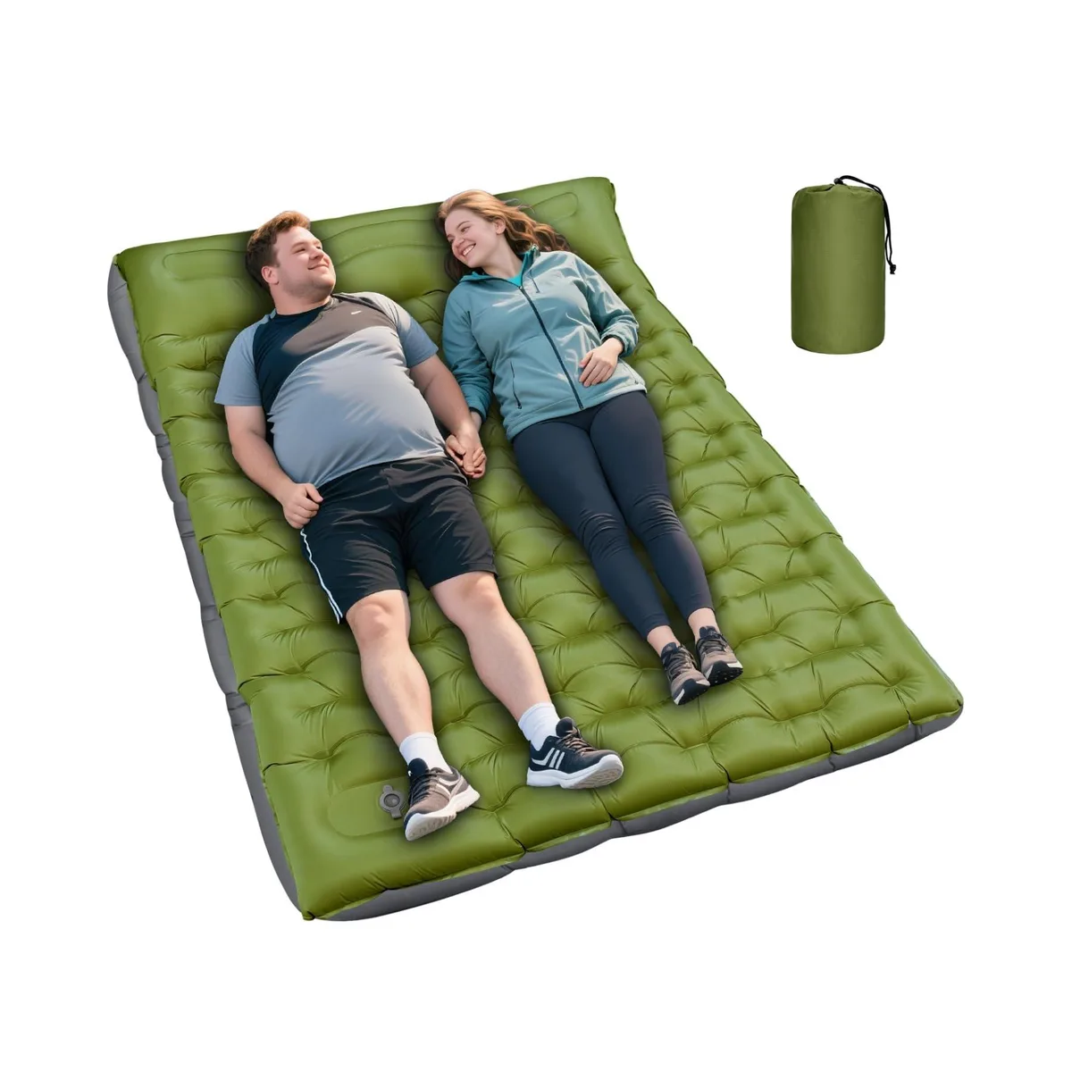 Green-grey inflatable double sleeping pad with built-in pillow and foot pump, folded compact