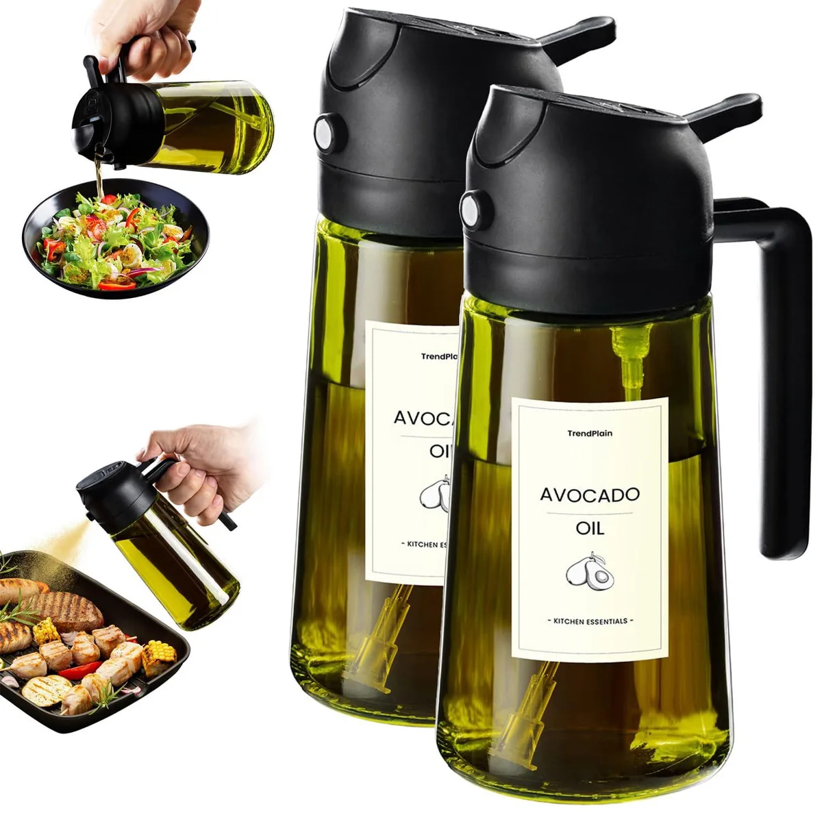 Two black glass oil sprayer bottles with handles and spray nozzles