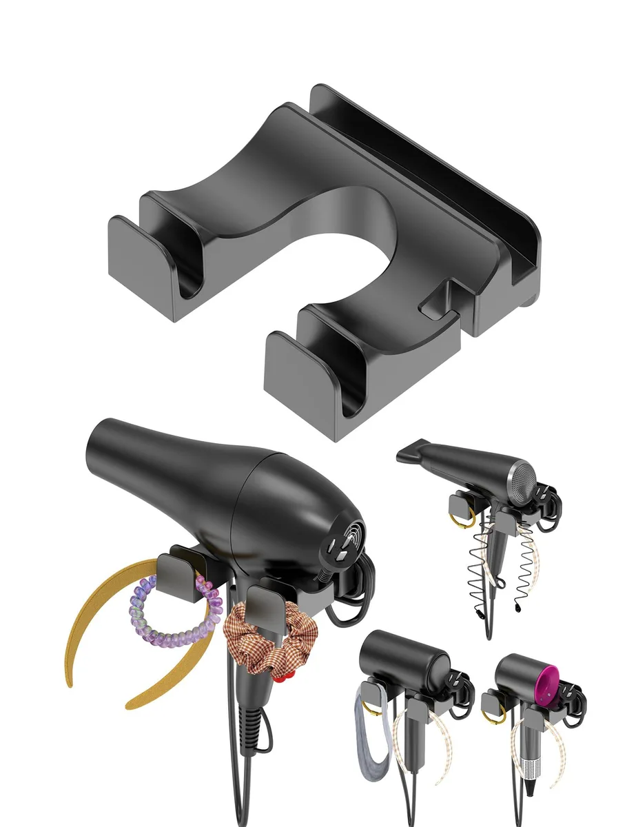 Black wall-mounted hair dryer holder with arc slot, cable storage and two hooks
