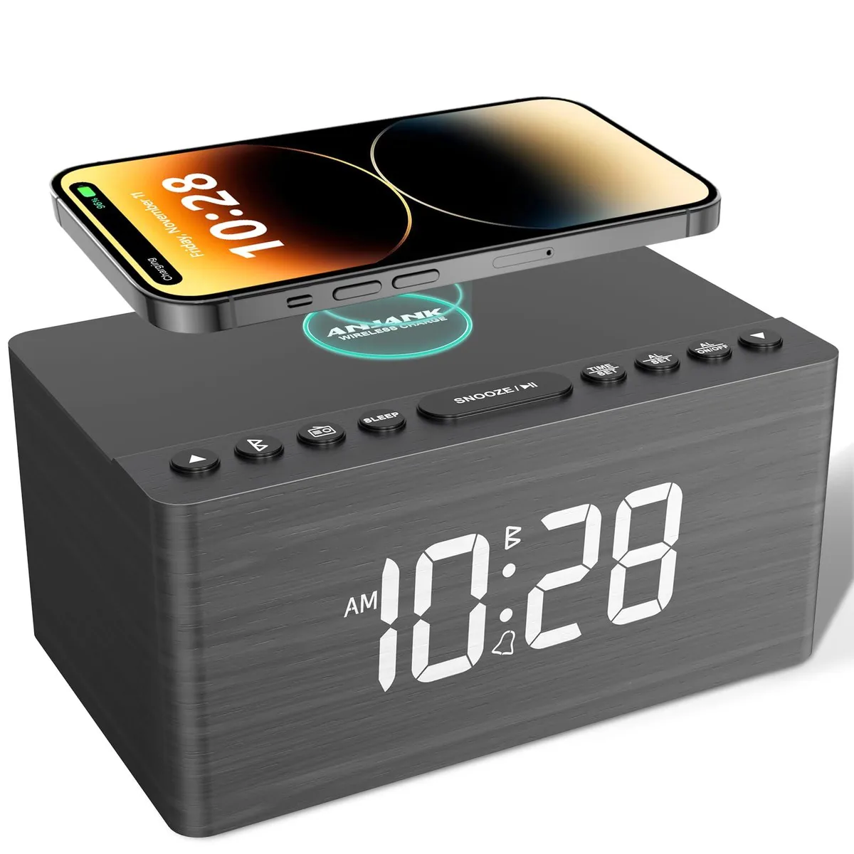 Wooden digital clock in grey finish, compact cube shape with wireless charging pad on top