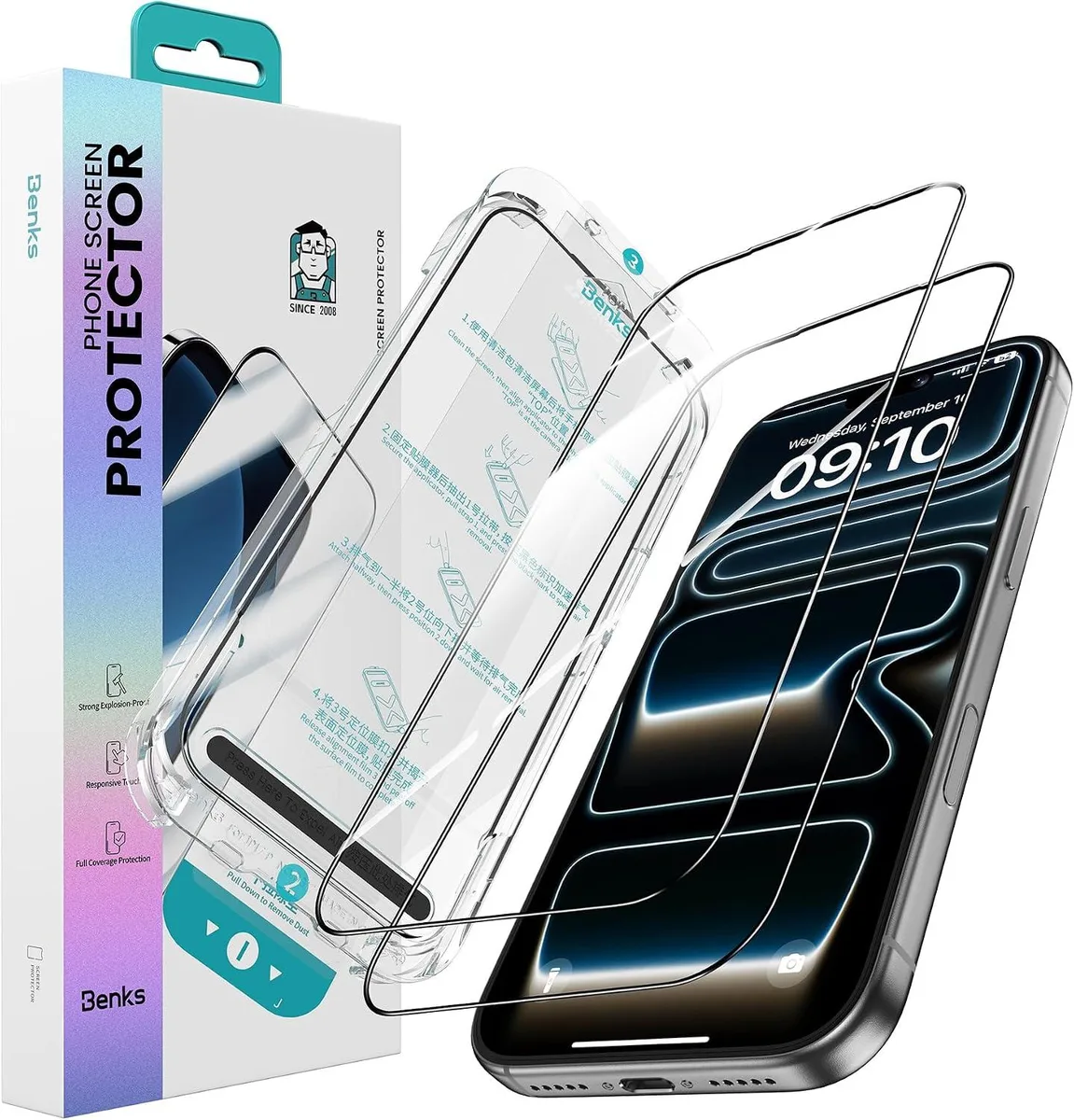 Two clear tempered glass protectors with black curved edges in a retail pack