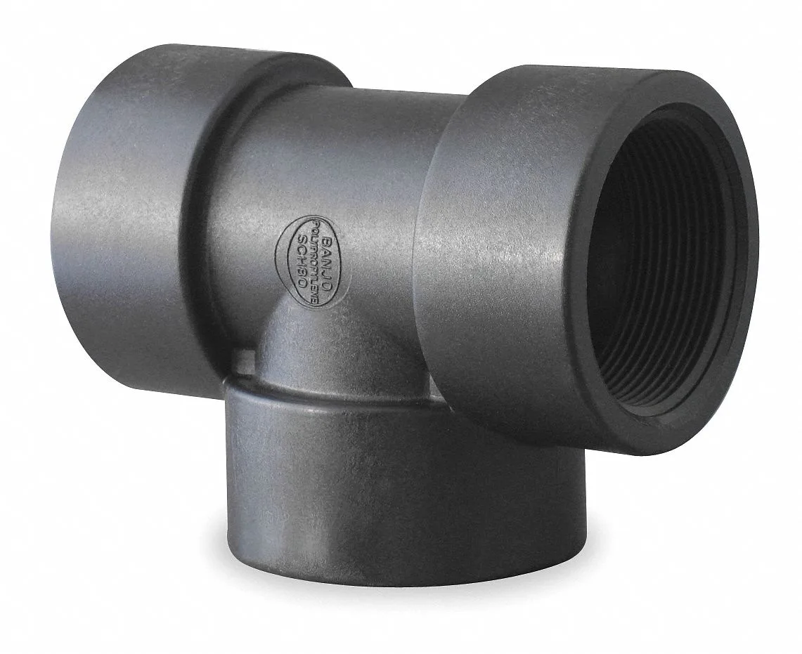 Black polypropylene Schedule 80 tee fitting with three FNPT ports