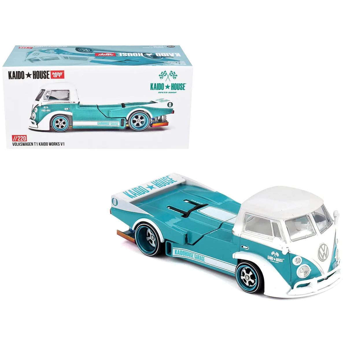 True True Volkswagen T1 Kaido Works V1 Truck Turquoise White Stripes 1/64 Diecast Hobby Collectible — product photo