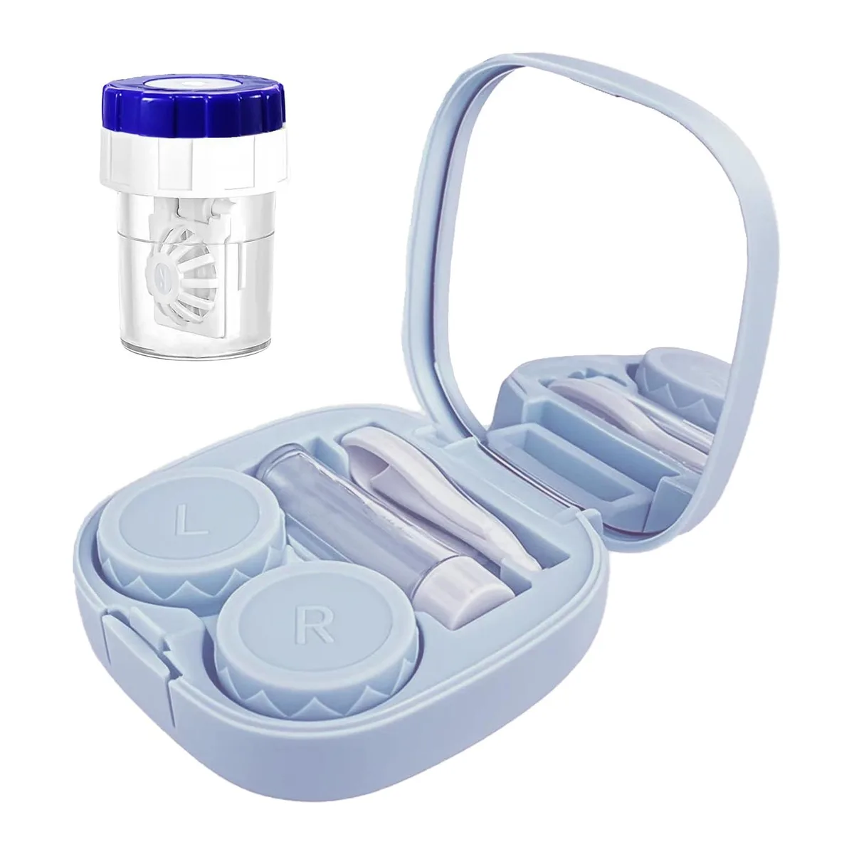 Compact blue plastic contact lens kit case with built-in mirror