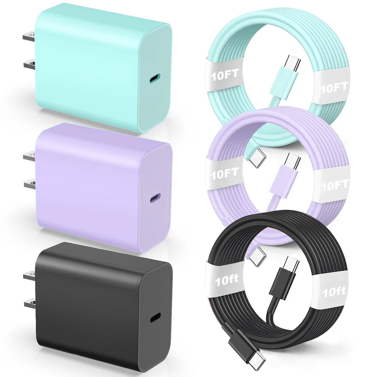 KEHIPI KEHIPI A2379 60W USB C to USB C cable 10ft 3-pack Green Purple Black — product photo