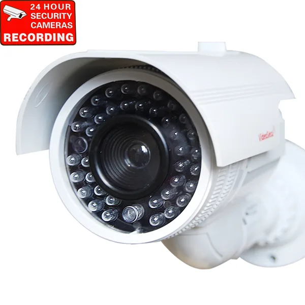 White bullet-style dummy CCTV camera with flashing LED and fake IR illuminators, wall or ceiling mount bracket included