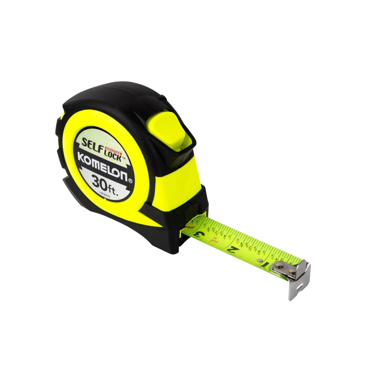 Yellow tape measure in ergonomic case with self-lock button and fraction markings