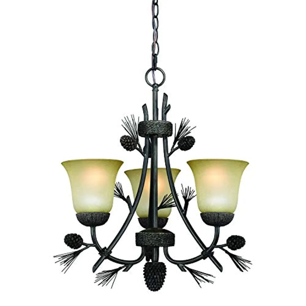 Bronze mini chandelier with pinecone glass shades and twisted rope detail