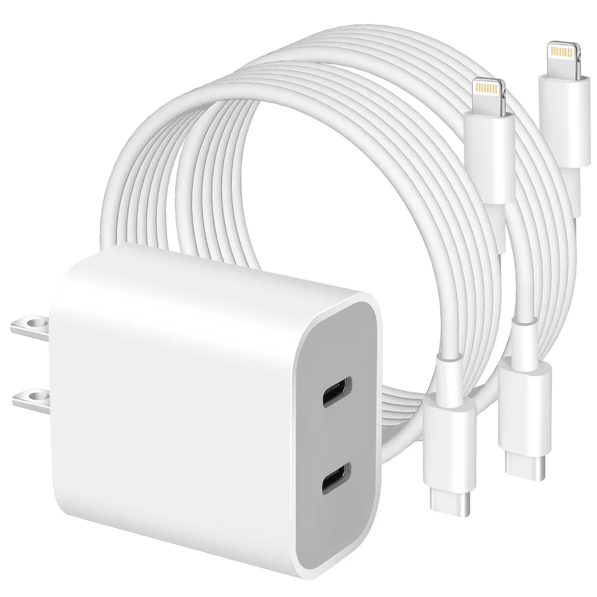 Two white dual-port USB-C wall chargers with two six-foot USB-C to Lightning cables
