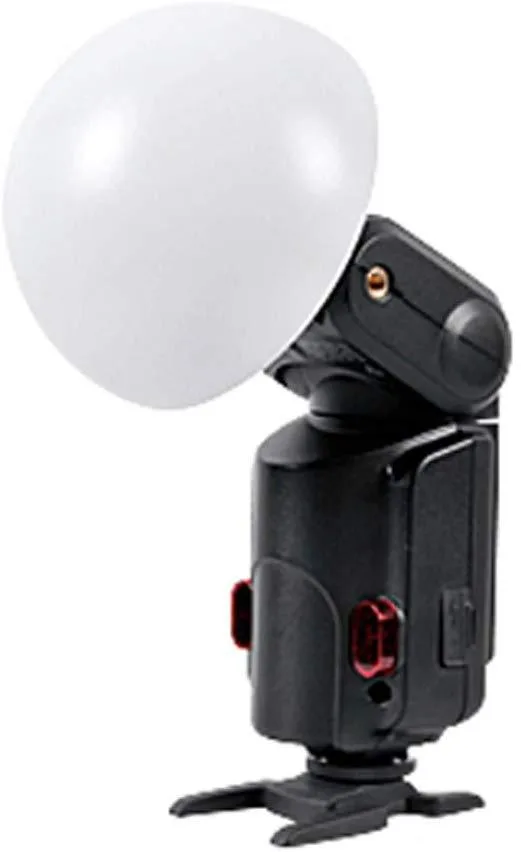 White hemispherical flash diffuser with wide brim