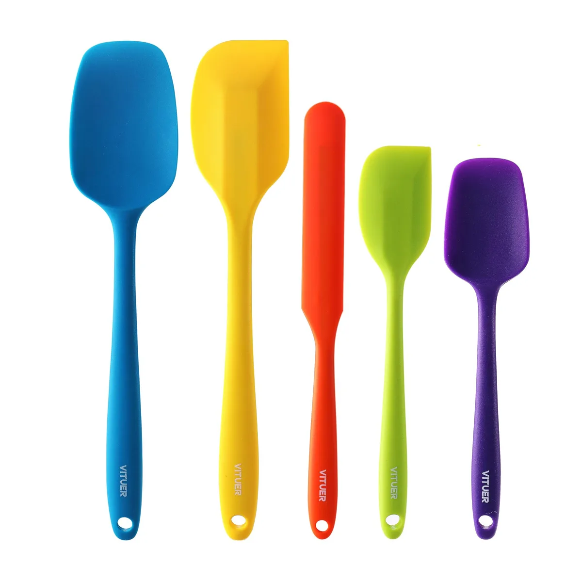 Five blue silicone spatulas with coloured handles lying flat