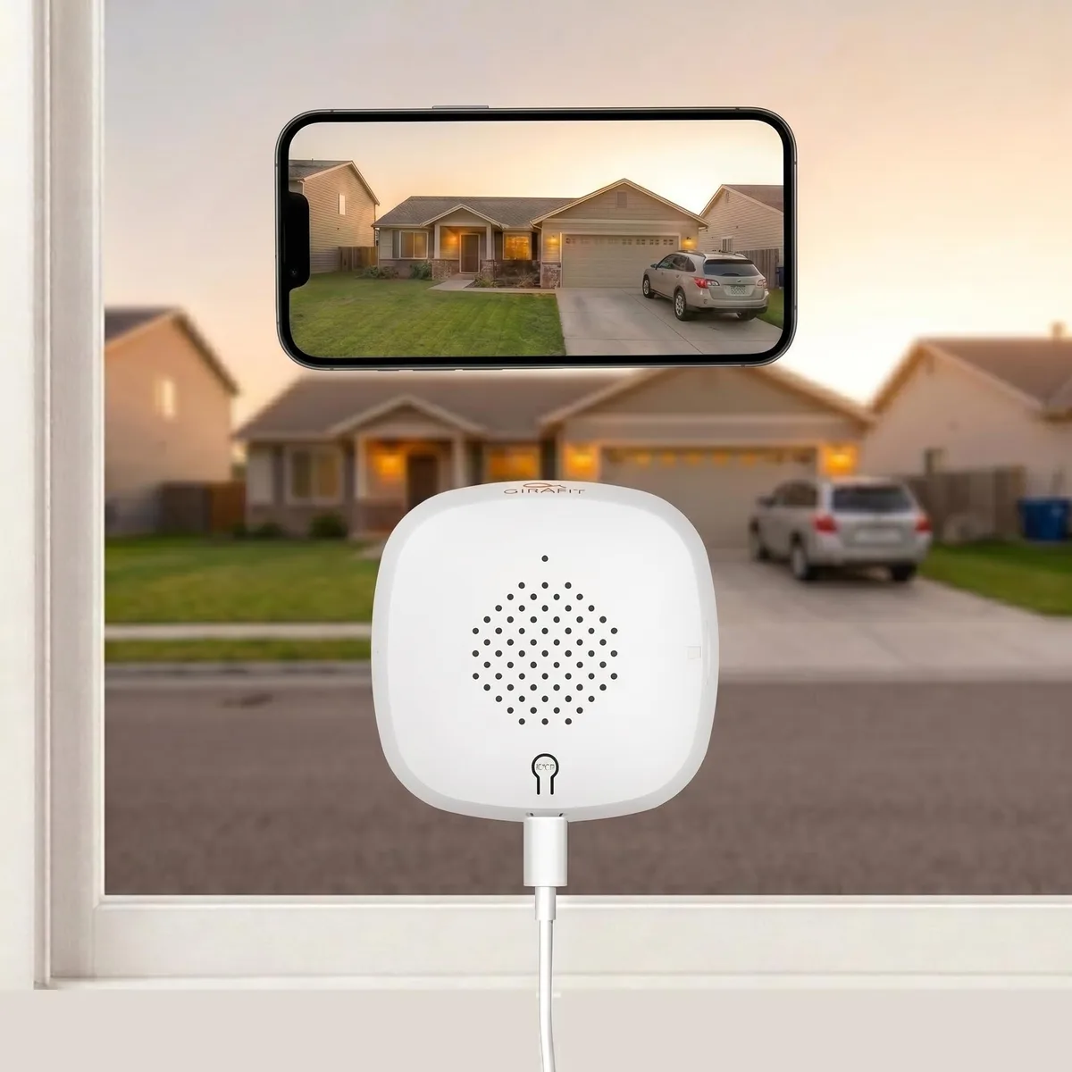White window-mount camera with wired power and USB antenna