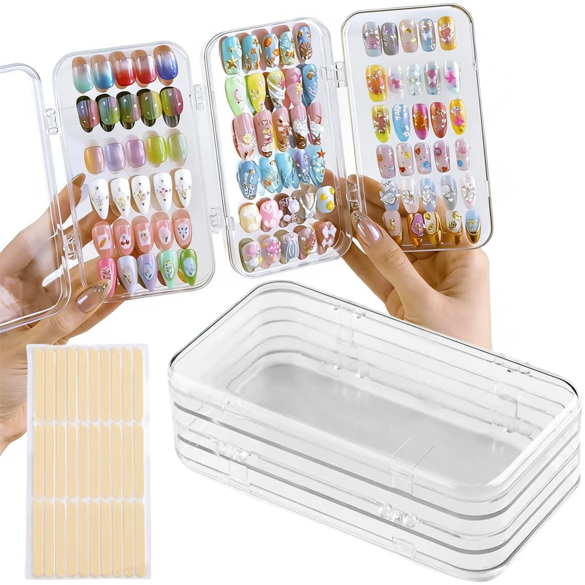 Silver tri-fold tool storage case with clear acrylic panels and adhesive tape sheets