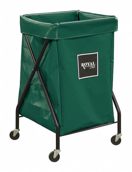 Green vinyl X-frame cart, steel and plastic frame, 26 by 21 by 36 inches