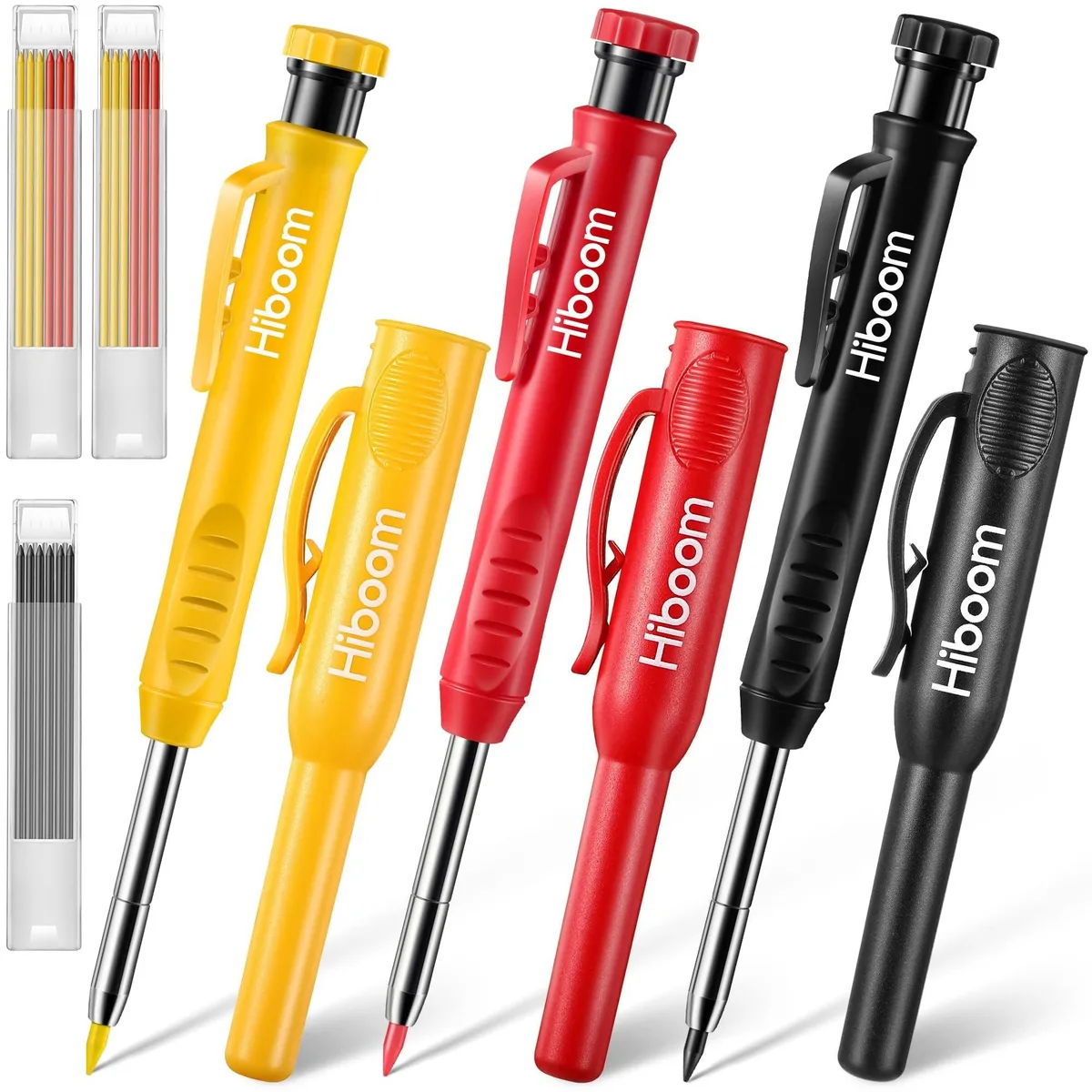 Three blue mechanical carpenter pencils with 45mm needle tips, built-in sharpeners, protective caps, and 21 refills