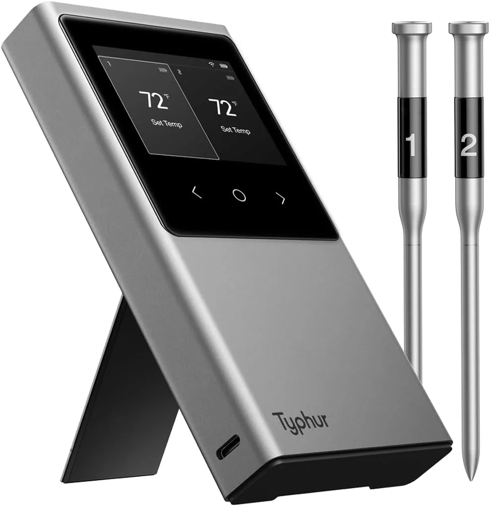 Two stainless steel probes in a compact charging base with 2.4 inch LCD display