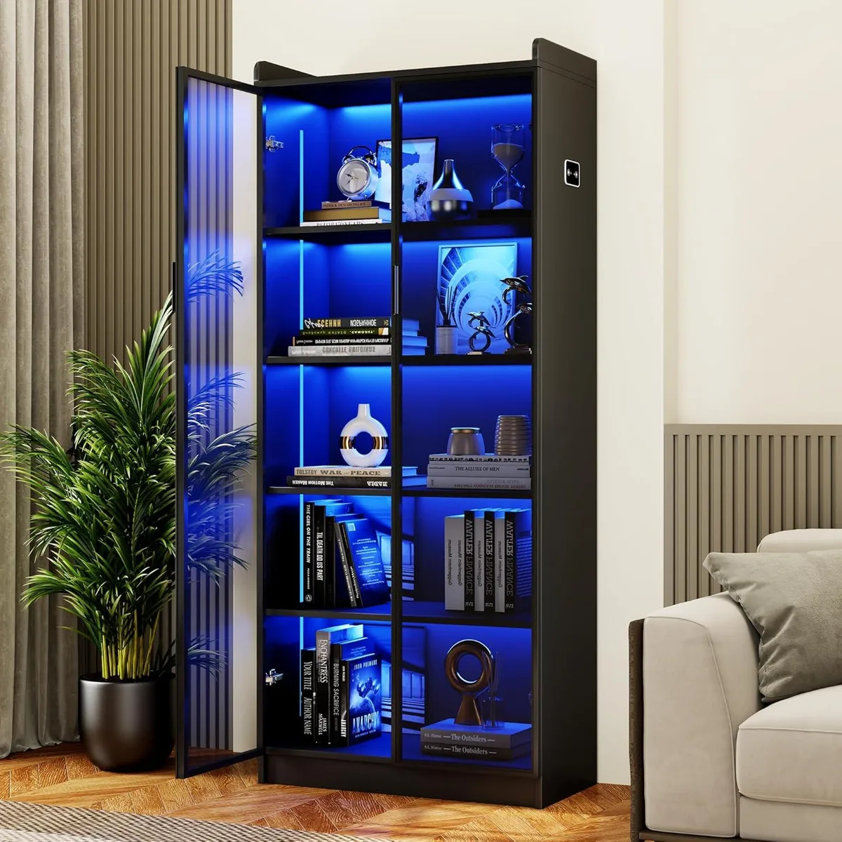 BFKK BFKK 65" Display Cabinet Smoked Black Door LED Sensor 5 Tier Bookshelf — product photo