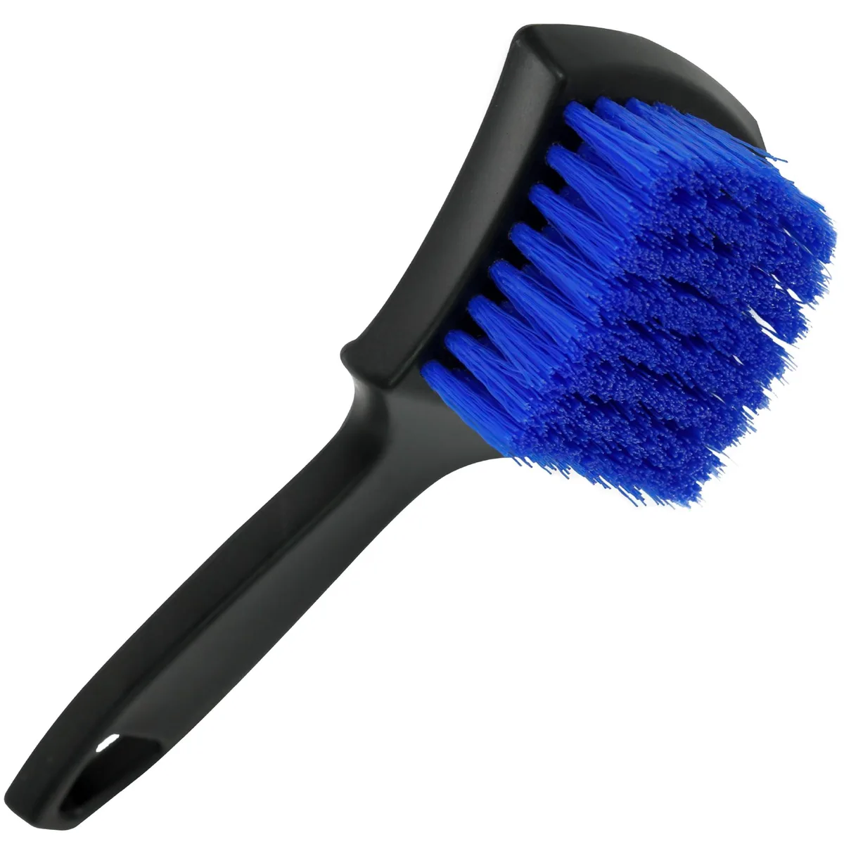 Black and blue carpet scrub brush with short stiff bristles and ergonomic handle measuring 8.3 by 2.5 inches