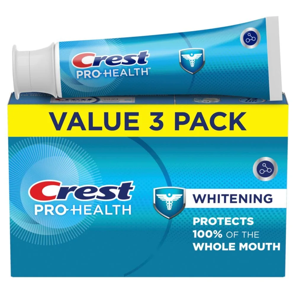 Three white 4.3oz Crest Pro-Health Whitening toothpaste tubes in a row