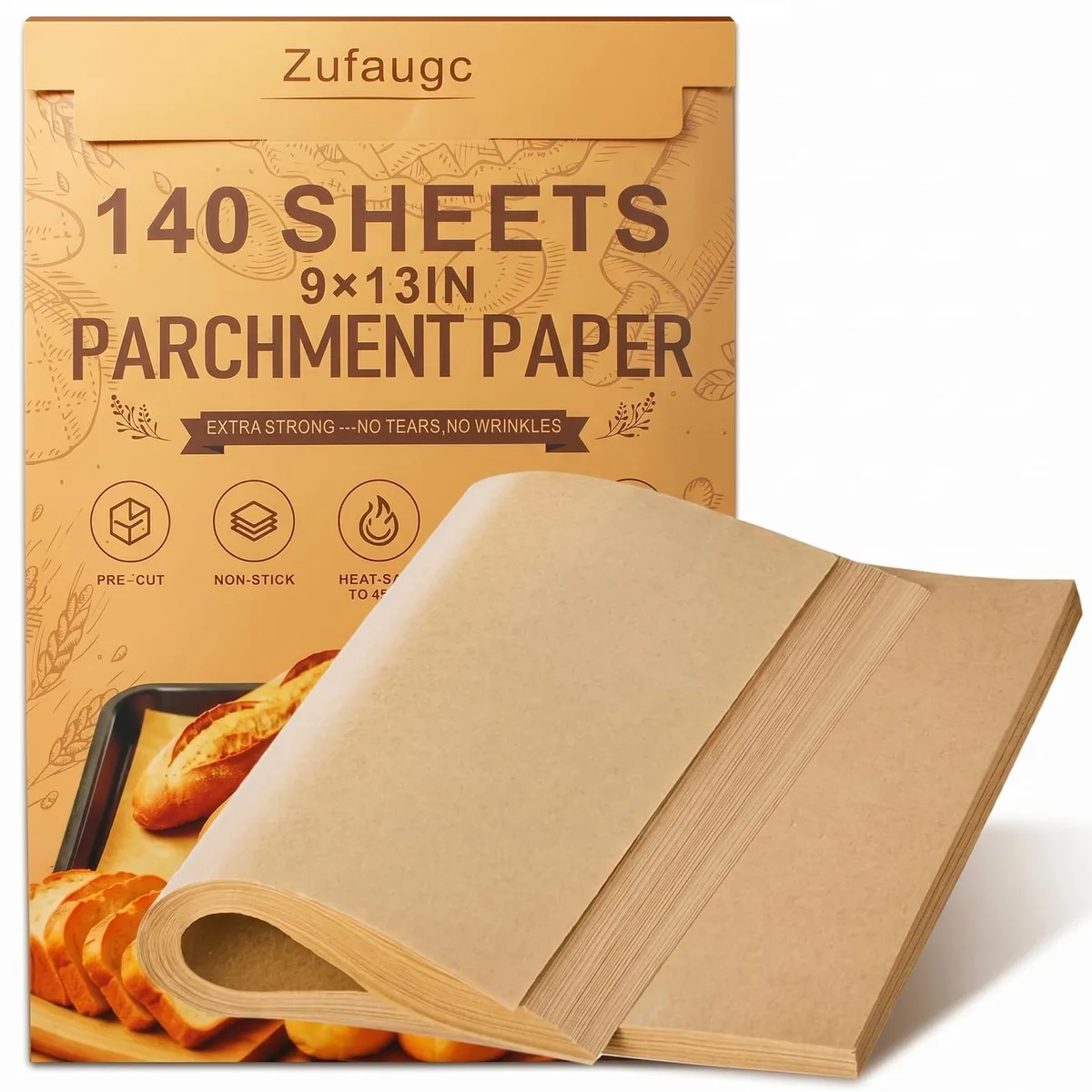 Stack of 140 unbleached brown parchment sheets 9x13 inches in rectangular box