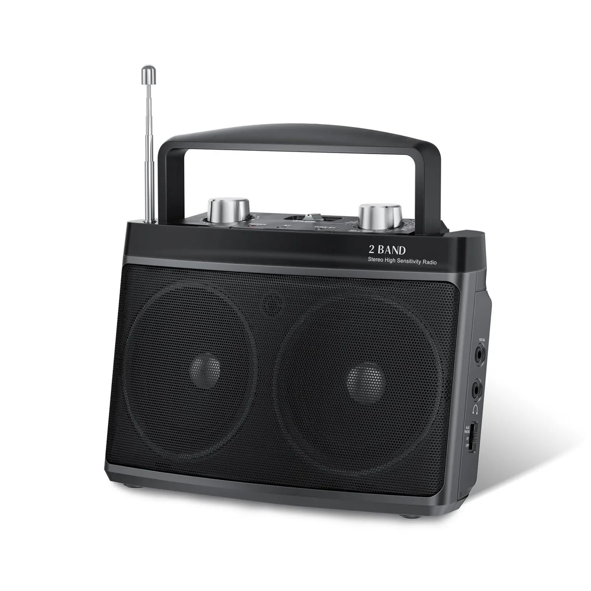 Rectangular portable radio, matte finish, large tuning knob, volume dial, LED indicator, headphone jack, auxiliary input