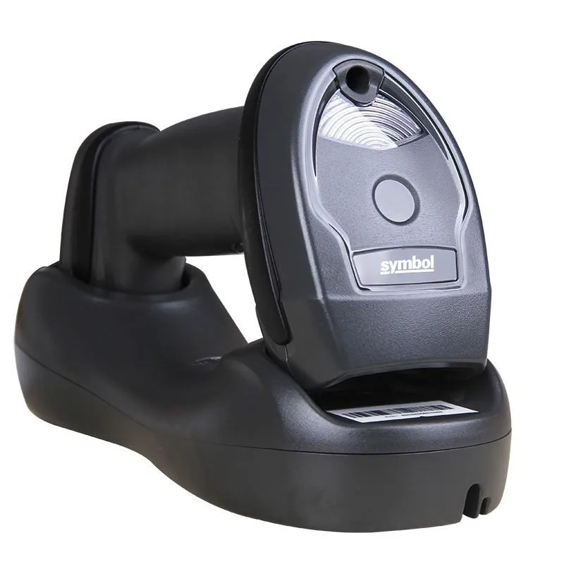 White handheld 1D barcode scanner with USB cable and cradle