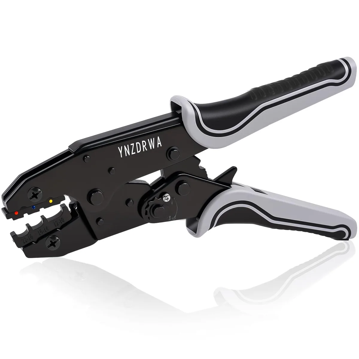 Red-handled ratcheting crimper with colour-coded jaws in a kit box