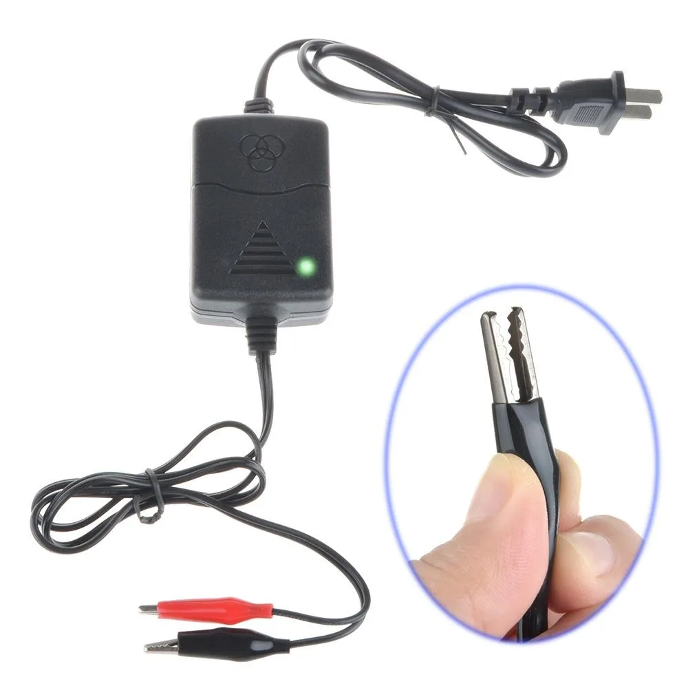 Compact black 12V battery charger with 5ft cable and barrel connector