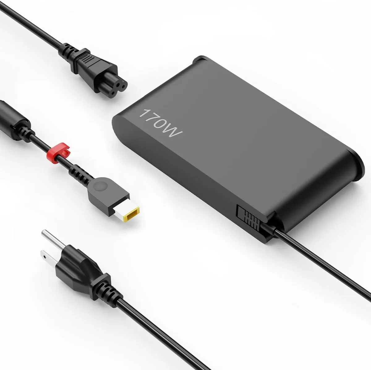 Black rectangular AC adapter with yellow square tip and attached power cord