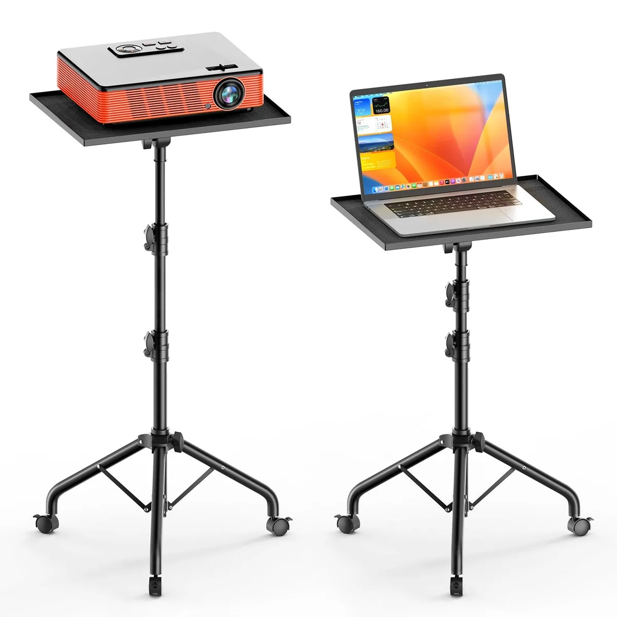 Metal projector tripod on three lockable swivel wheels with padded tray and elastic straps