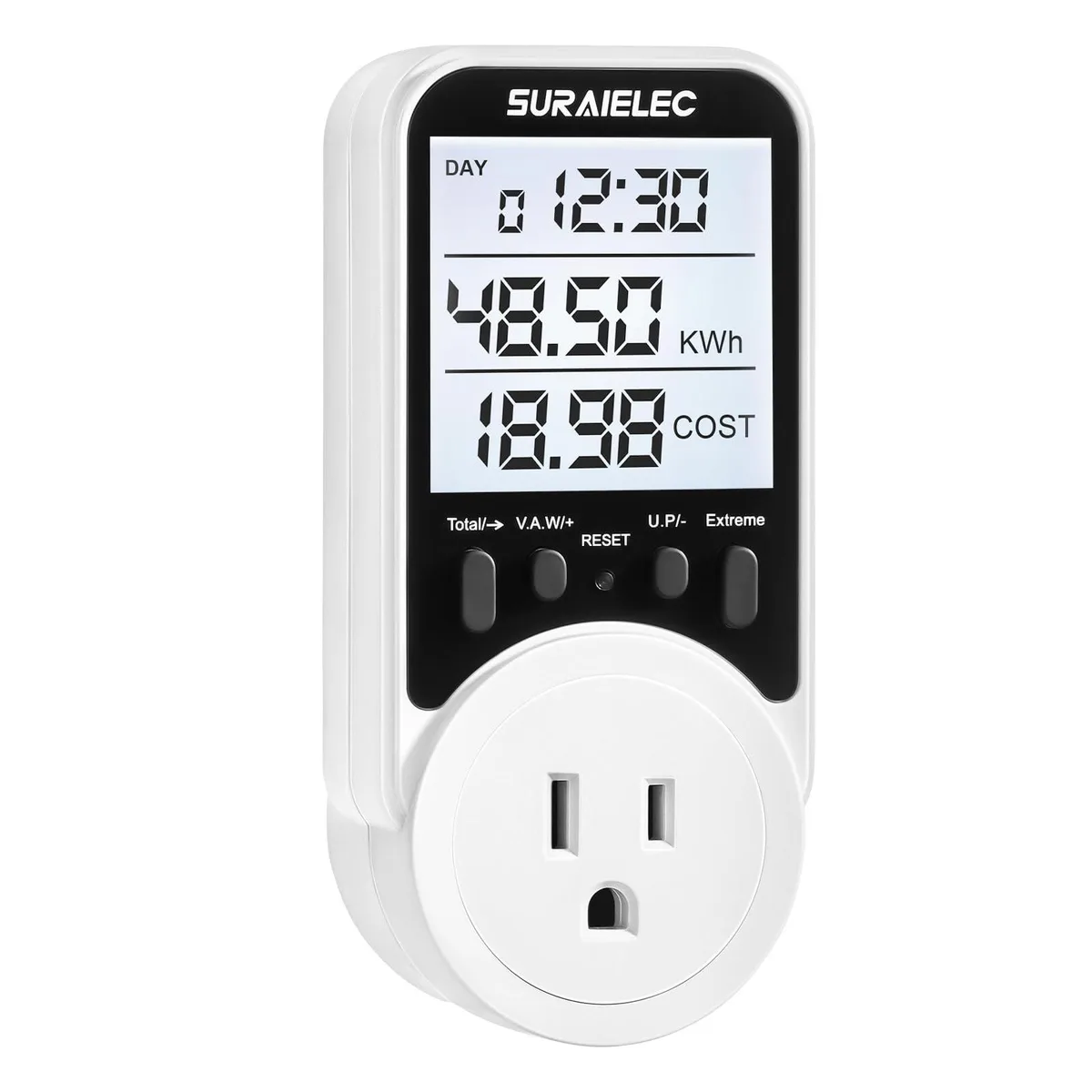 White plug-in power meter with large backlit LCD display and NEMA 5-15 socket