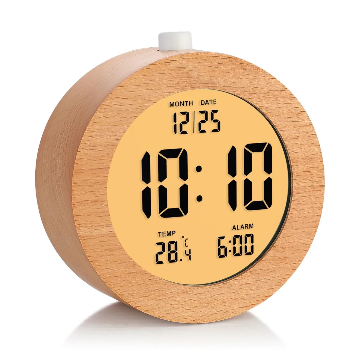 Round brown wooden digital alarm clock with LCD display