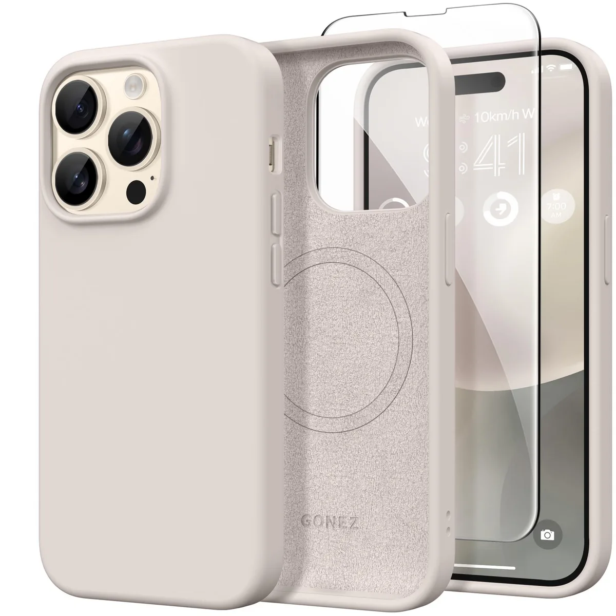 Stone-coloured silicone back cover for iPhone 14 Pro Max with magnetic ring and tempered glass screen protector