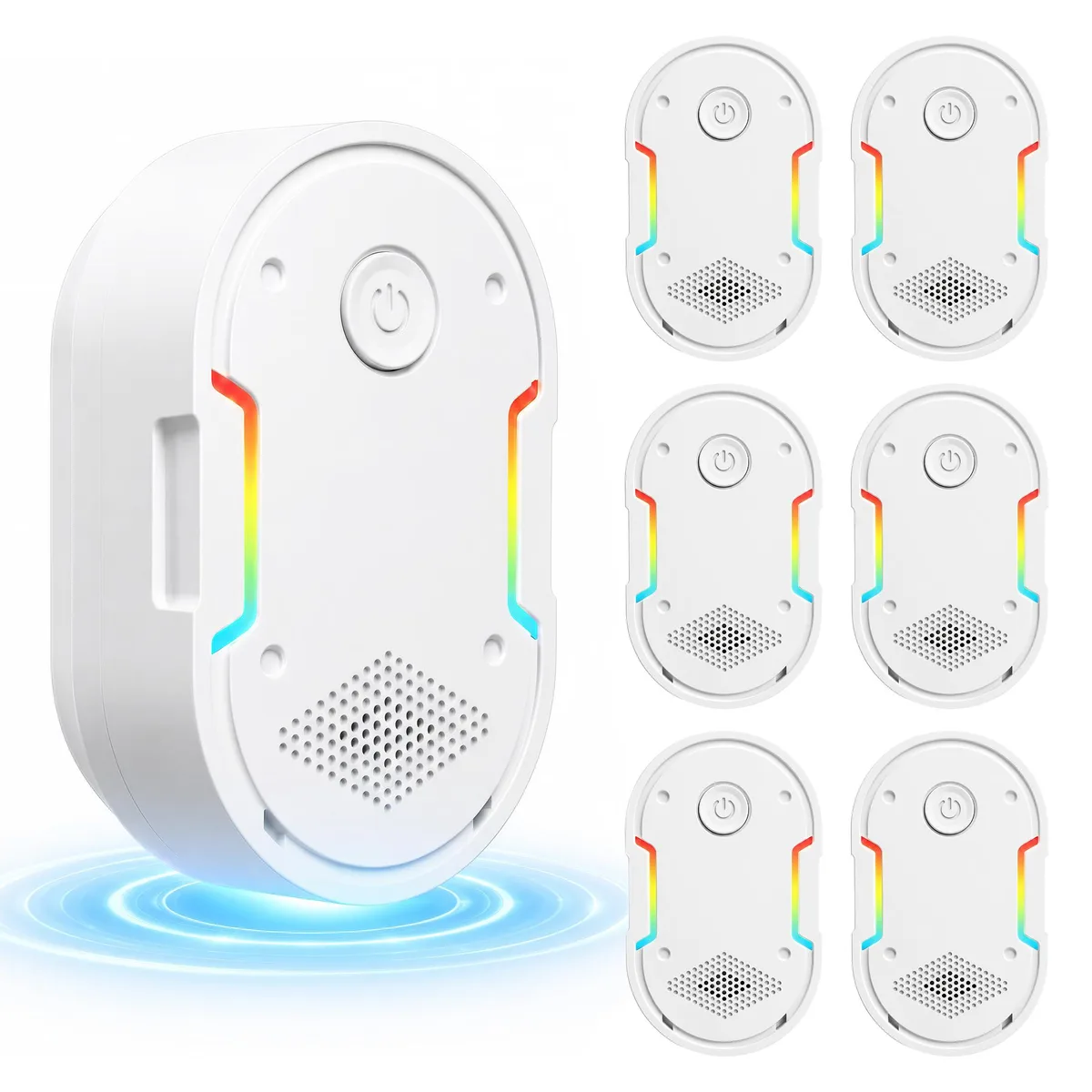 Small white rectangular plug-in pest repeller with front speaker grille and mode indicator lights