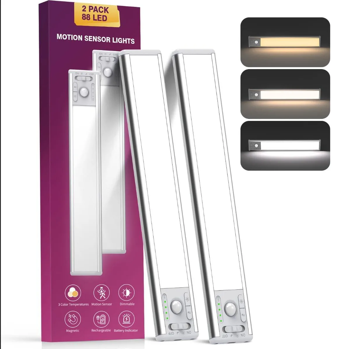 Two white rectangular LED light bars with magnetic mounting, 10.5 inch length