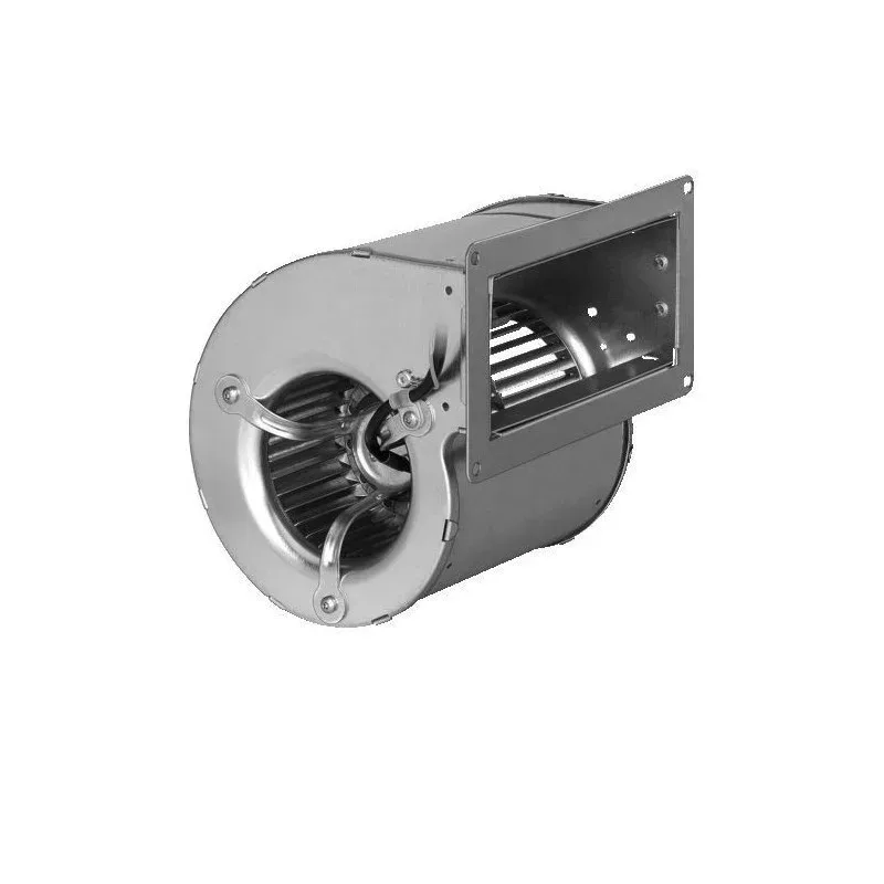 Large black metal centrifugal fan with steel housing and visible rotor blades