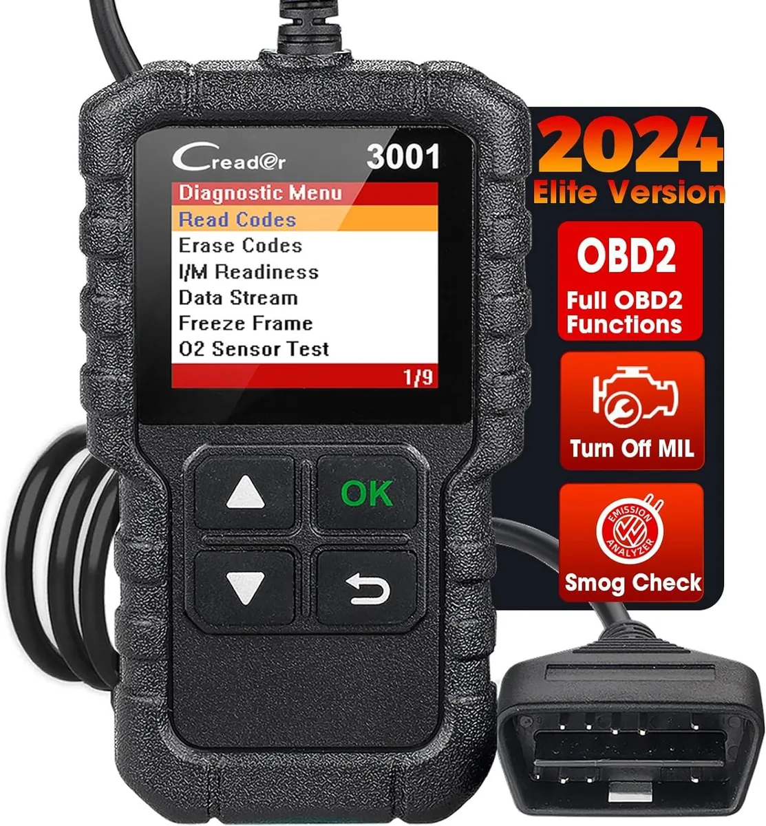Handheld OBD2 scanner with 2.5ft cable and screen