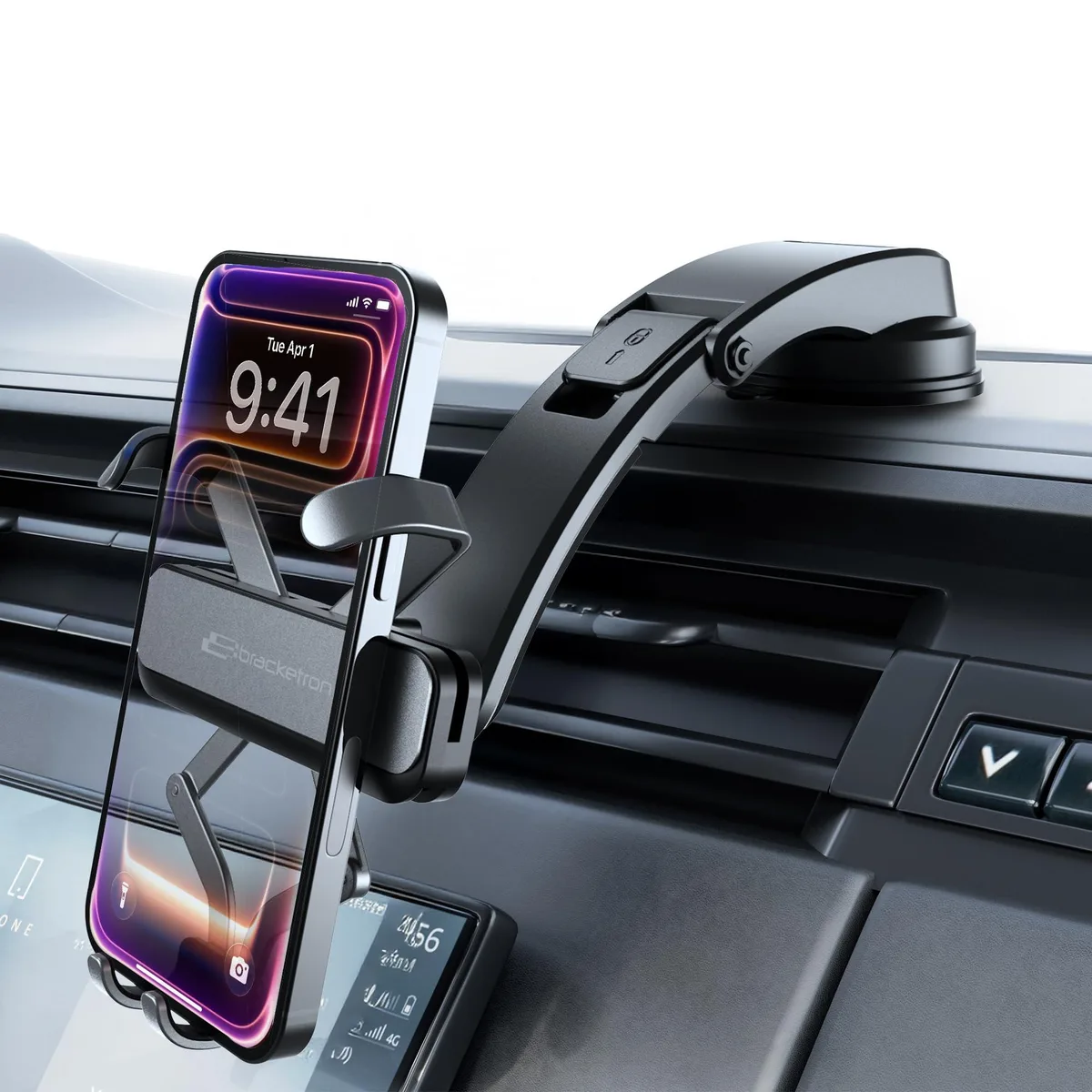 Black dashboard phone mount with low-profile arm and suction base