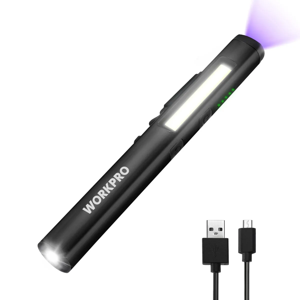 Black aluminium penlight with magnetic rotating clip and USB-C port