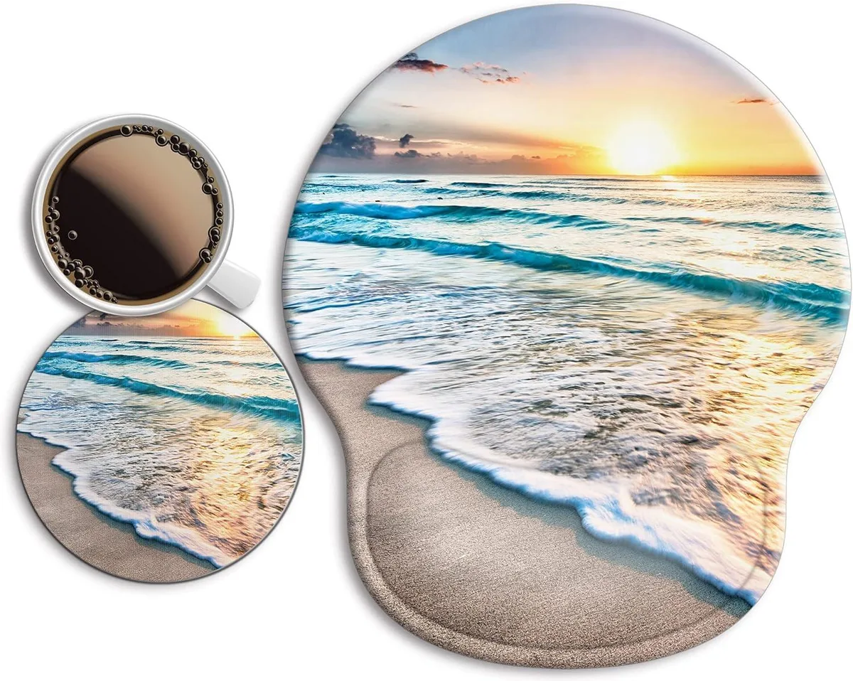 BAOFENG BAOFENG Ergonomic Mouse Pad with Gel Wrist Rest &amp; Coaster 9.9" Beach — product photo