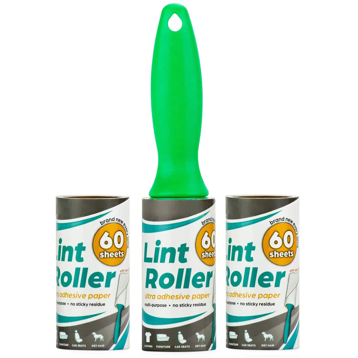 White plastic lint roller with ergonomic handle and two refill rolls, 180 sheets total