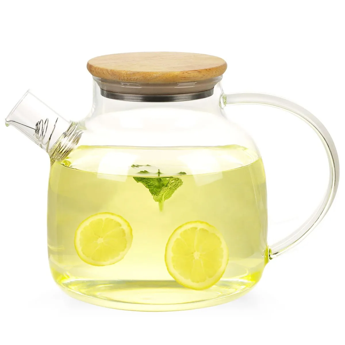 Clear glass teapot with stainless steel infuser and bamboo lid, 1.7 litre capacity