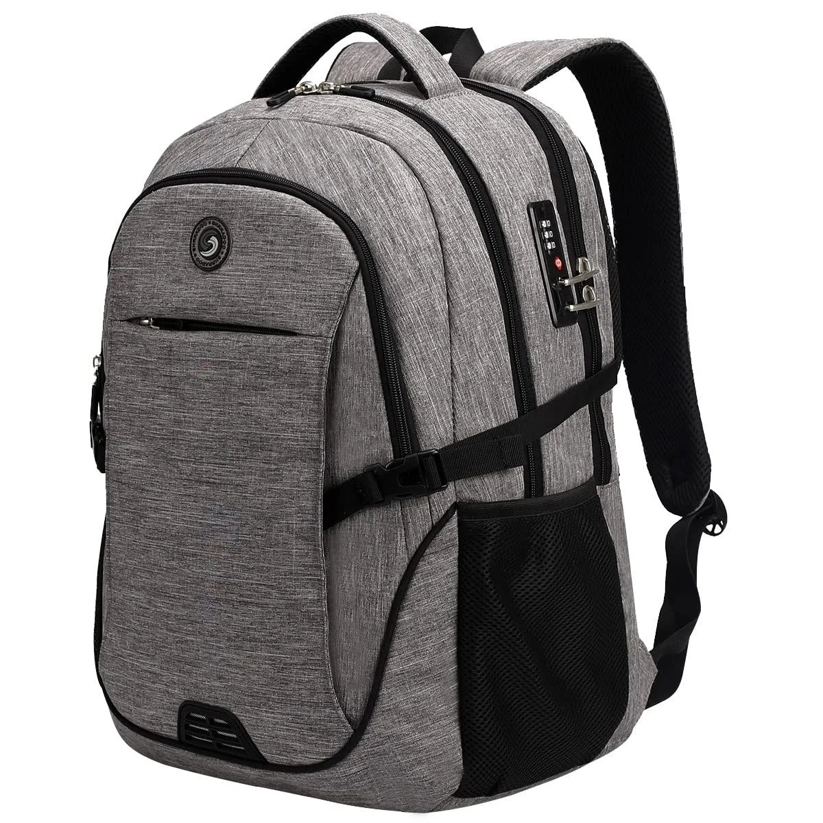 Grey polyester backpack with combination lock and luggage strap