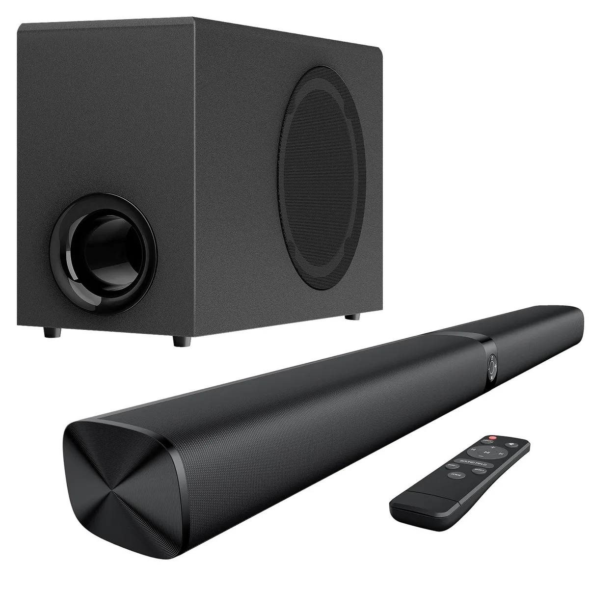 Black soundbar and wired subwoofer system, rectangular matte finish
