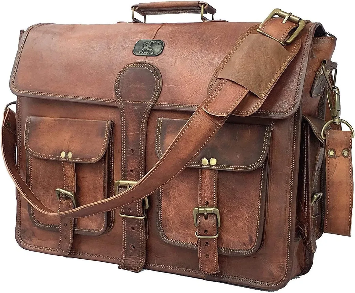Vintage brown full-grain leather messenger bag with adjustable shoulder strap and brass buckles