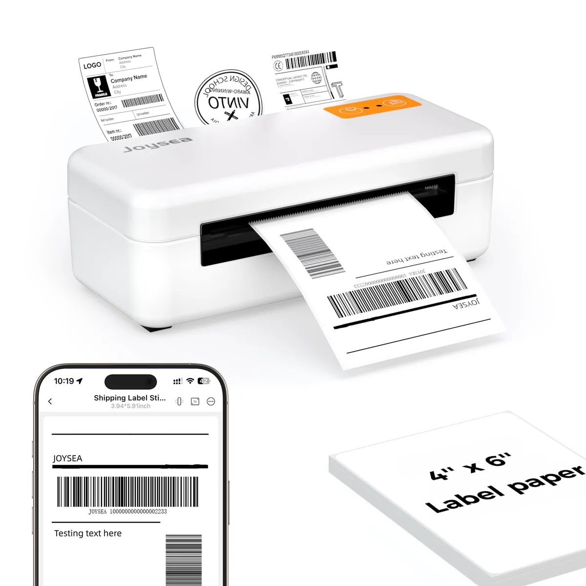 Compact white thermal label printer, rectangular box shape, smooth matte finish