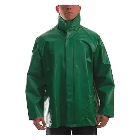 Green PVC chemical splash jacket, hip length, snap front with storm flap