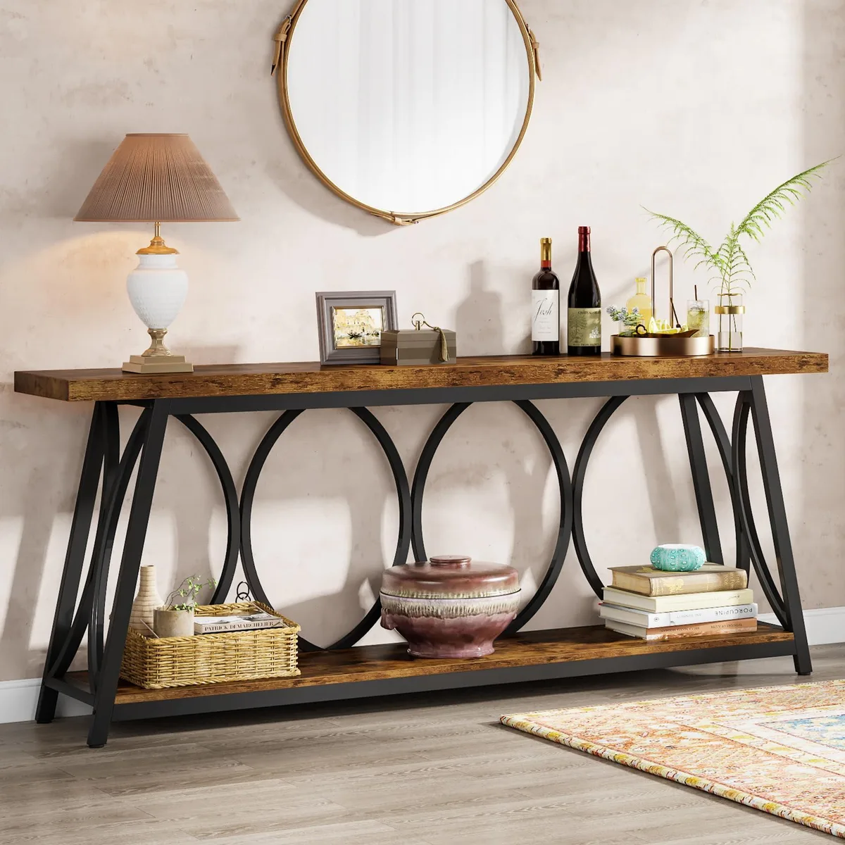 Long rustic-brown console table with black metal frame and two open shelves