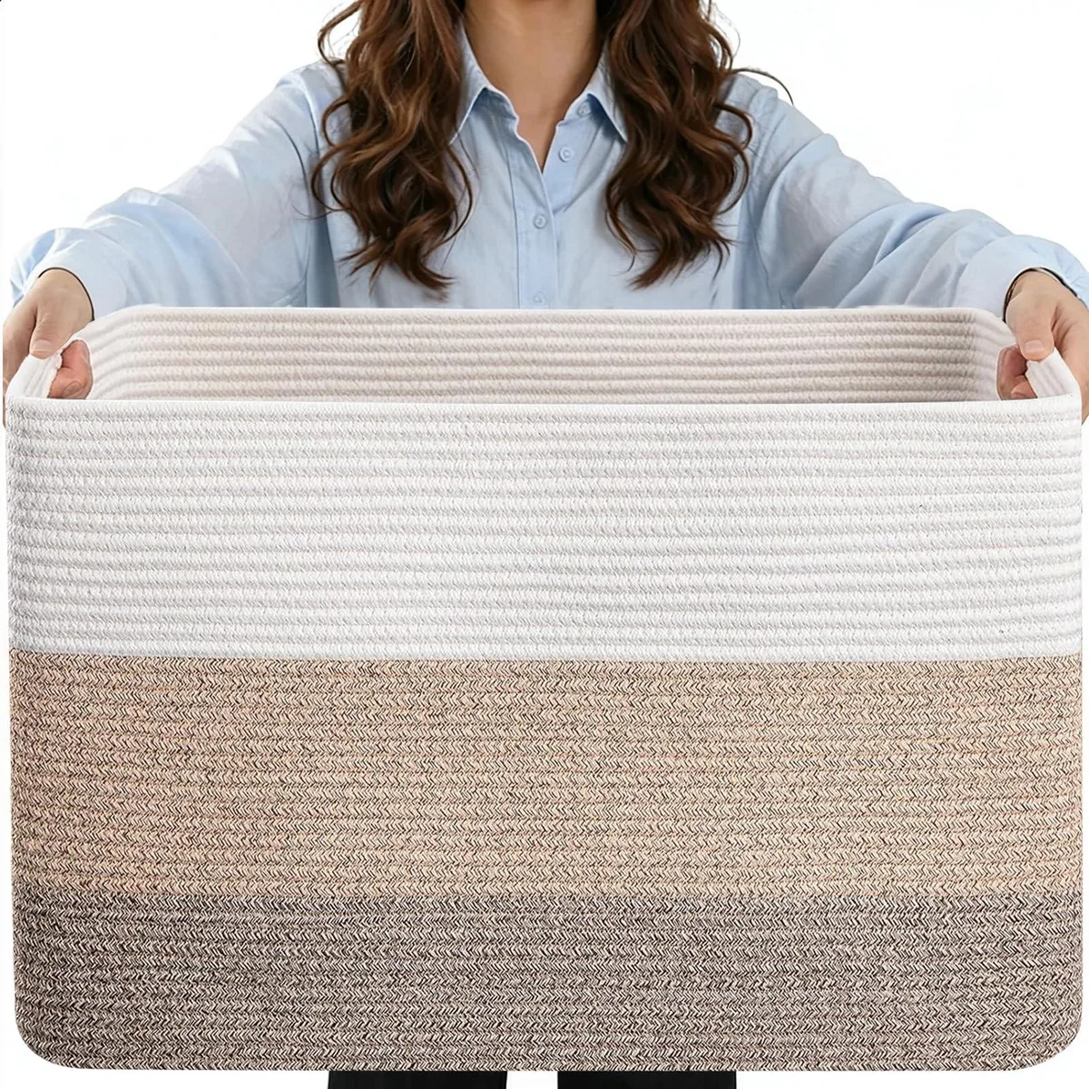 Woven cotton rope laundry basket in gradient brown and white, rectangular with integrated handles