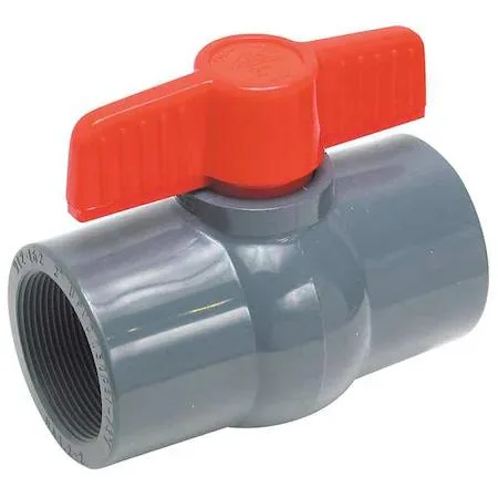 White PVC inline ball valve with tee handle and threaded ends